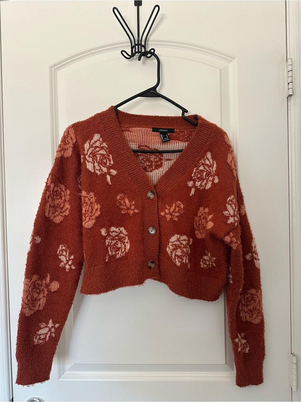 Forever 21 Rust Floral V-Neck Button Cardigan Sweater